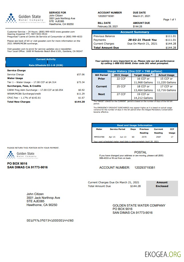 USA California Golden State Water Company utility bill template in .doc and .pdf format